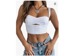 ISZPLUSH Women Skinny Hollow Crop Tank Top Sleeveless Spaghetti Strap Cami V Neck Ruched Loose Fit 2023 Summer Crop Vest Tops